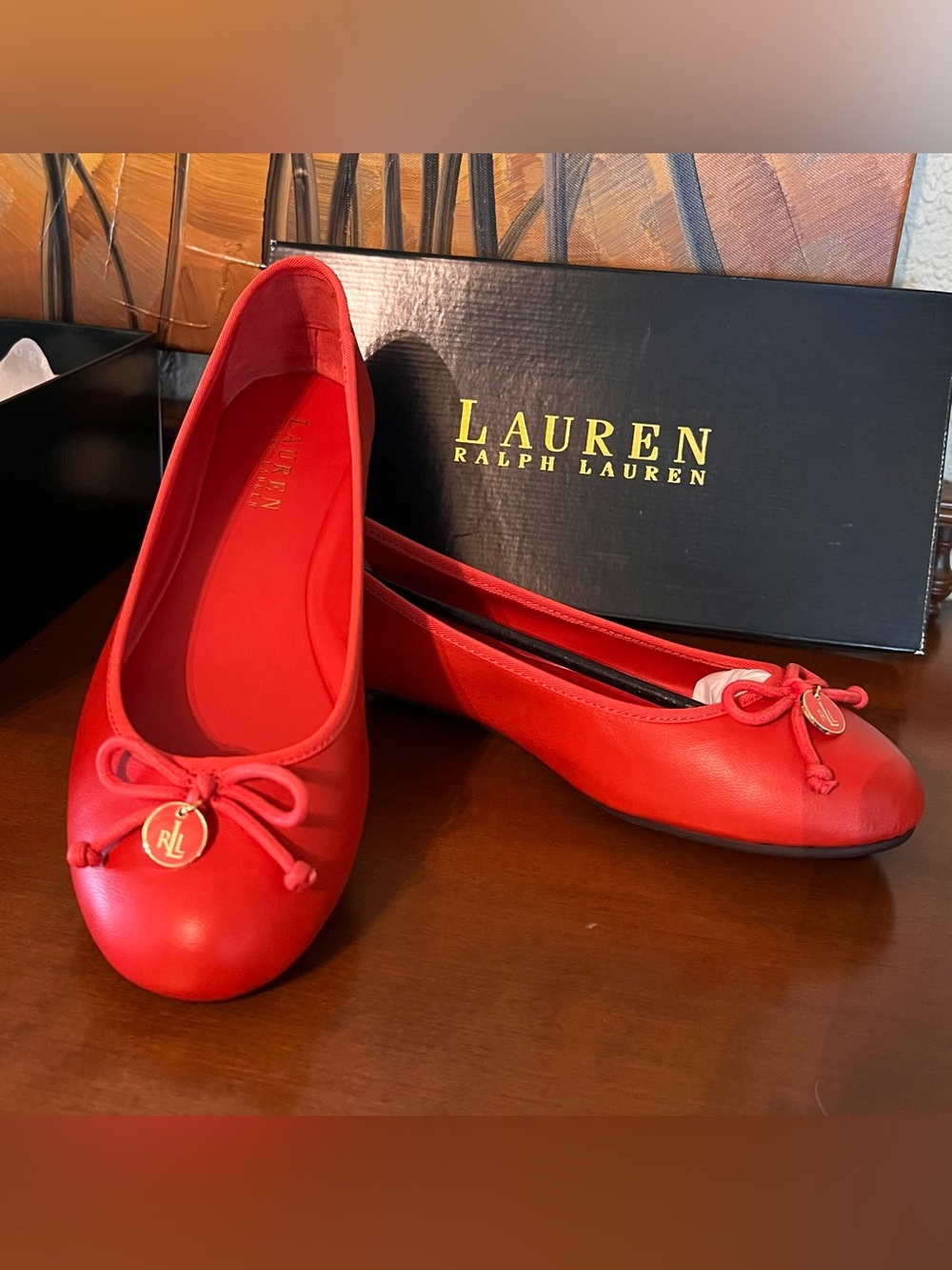 Lauren Ralph Lauren Alissa Bold Orange Nappa Leather Bow Ballet Flats